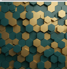 Abstract Geometric Hexagon Pattern Teal and Gold 3D Design