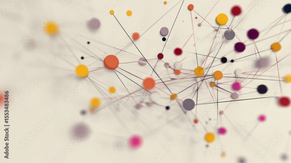Leinwandbilder Interactive data flow graph with colorful nodes and connecting lines on a white background, giving a sense of complex relationships