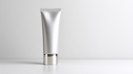 A sleek, silver cosmetic tube with a reflective cap displayed on a clean white background, perfect for skincare or beauty product presentations and branding mockups.