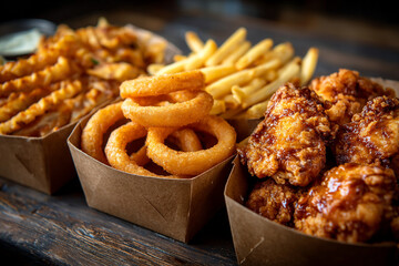 Close up of fried food including curly fries onion rings and chicken wings in cardboard containers