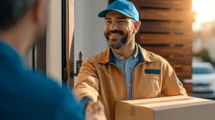 A delivery man in a yellow jacket shakes hands with a man in a blue hat