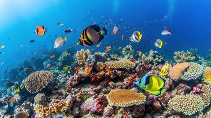 Vibrant underwater coral reef teeming with colorful tropical fish under clear ocean