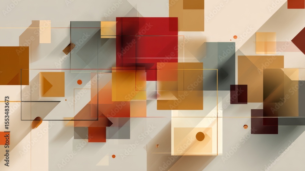Poster modern graphic layout with overlapping translucent shapes in warm colors on a clean background, crea