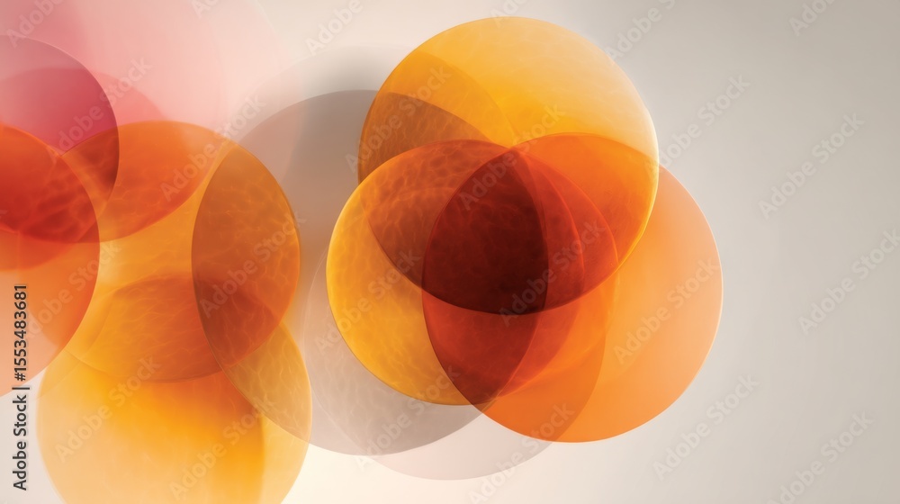 Poster modern graphic layout with overlapping translucent shapes in warm colors on a clean background, crea