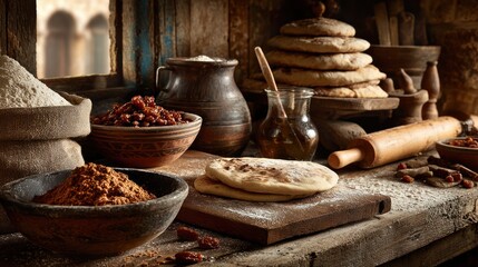 Fototapeta premium Traditional flatbread on rustic wooden surface surrounded by vintage baking ingredients and utensils in warm countryside kitchen setting