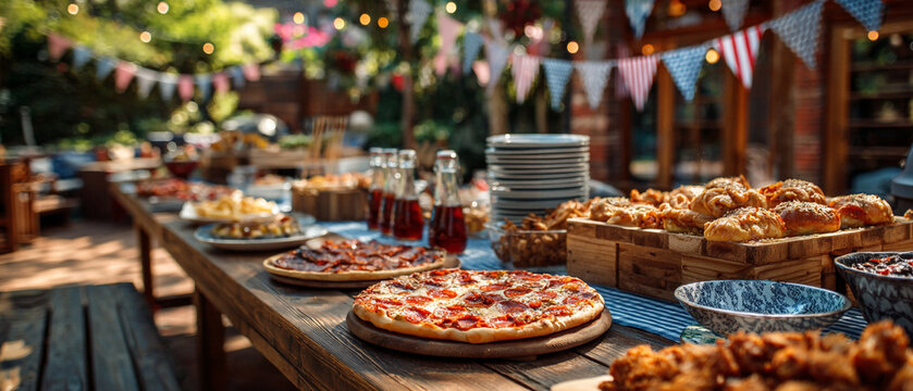 Outdoor party with a long table full of food including pizza, pastries, and drinks under string lights
