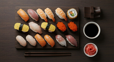 Variety of sushi including nigiri and maki rolls on black tray, Japanese cuisine.