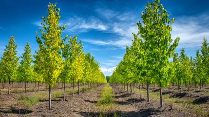 Obraz premium Rows of young trees planted in an open field, with vibrant green leaves and a clear blue sky, representing reforestation and environmental renewal