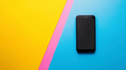 Naklejka premium Black smartphone on vibrant yellow, pink, and blue background.