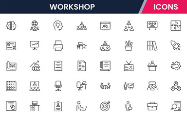 Vector illustration web line icon collection for workshop: tools, crafts, machinery, and creativity symbols in a dynamic, modern, and hands-on design style.