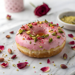 Pistachio Rose Donut Delight A delicate pink-glazed donut infused with rose essence, topped with crushed pistachios and edible rose petals.