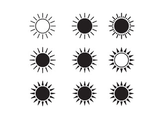 Assorted Sun Icons Representing Different Solar Styles and Variations for Weather Forecasts and Design Elements, Set of Isolated Shapes