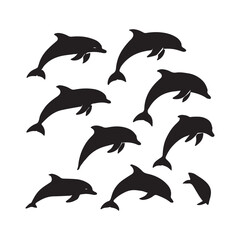 A Pod of Dolphins Swimming Gracefully in the Ocean Silhouetted Against a White Background Jumping and Swimming