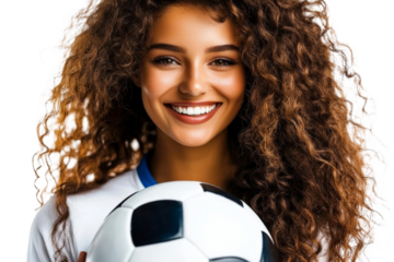 Joyful young woman with curly hair holding soccer ball, showcasing enthusiasm and passion for football in bright sports attire and a vibrant smile