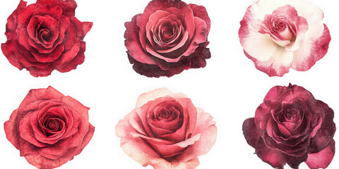 Six roses of various colors on transparent background