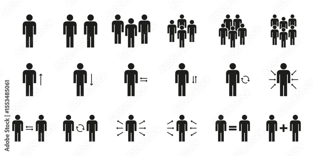 Poster communication and growth representation. people interaction and movement solid icon set. human dynam