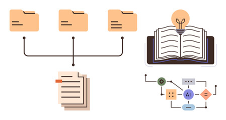 Linked folders, a stack of documents, an open book, and an AI-based workflow diagram with nodes and connections. Ideal for education, research, data flow, organization, knowledge automation