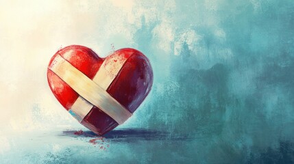 Red heart wrapped in bandages, sitting against a textured blue and white background