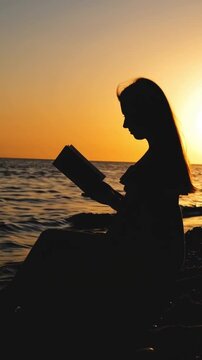 silhouette of a woman reading a book at sunset on the summer beach