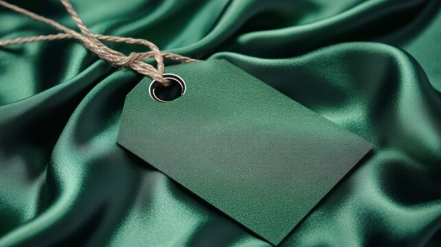 Blank green tag on emerald silk fabric.