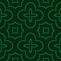 A seamless geometric pattern features dark green clover shapes outlined with lighter green lines, creating a symmetrical and harmonious design. 