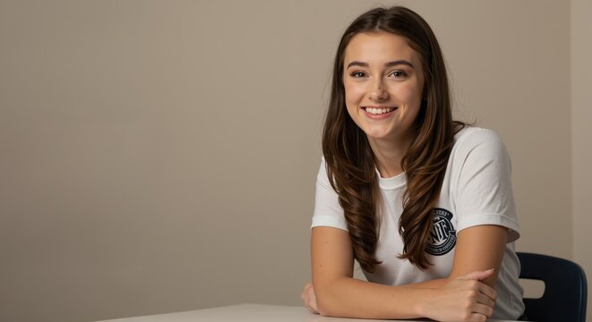 Smiling teenage girl in school uniform sitting at a desk indoors  
