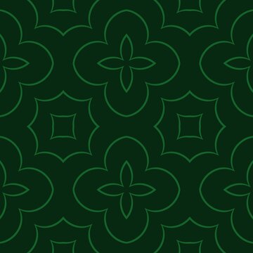 A seamless dark green pattern features interlocking floral and geometric shapes with a subtle outline. The repetitive design is suitable for backgrounds or decorative purposes.