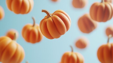 Multiple orange pumpkins floating in the air on pastel blue background, autumn harvest concept representing Halloween, Thanksgiving, fall season and organic farming produce