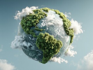 Eco-friendly Earth covered in forests and clouds floating in the sky – ideal for sustainability campaigns, environmental websites, Earth Day promotions, climate change awareness, and green energy 