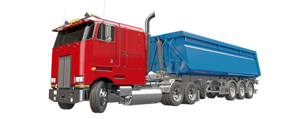American dump truck, isolated on transparent background. Heavy-duty dump trailer with hydraulic lift, optimized for bulk material transport and unloading. 3D illustration © Orange Dragon Studio