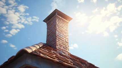 Brick chimney on a tiled roof against a bright blue sky.