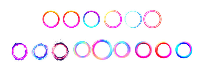 Pack of Vibrant Neon Circular Frames Colorful Gradient Rings for Design Projects against transparent Background