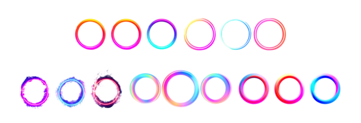 Pack of Vibrant Neon Circular Frames Colorful Gradient Rings for Design Projects against transparent Background