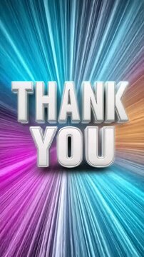 THANK YOU text is rendered in white with a metallic shine against a backdrop of horizontal neon blue, pink, and purple stripes, creating a vibrant and motion-filled thank you message.