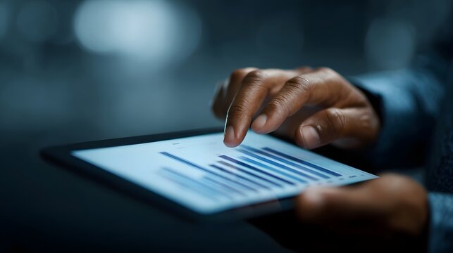 Hands interacting with a digital tablet displaying data analytics charts - Powered by Adobe