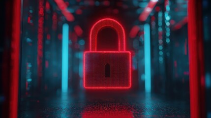 A glowing red digital padlock symbolizing cybersecurity and data protection in a futuristic, high-tech environment.