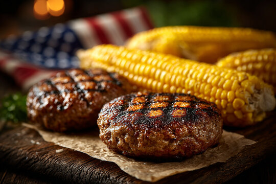 Close up of grilled hamburgers and corn on the cob with an american flag in the background on wood