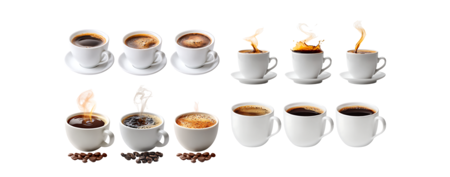 Pack of Coffee Cups Aromatic Brew Steaming Mugs Coffee Beans against transparent Background