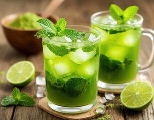 matcha with ice and mint. summer refreshing healthy drink