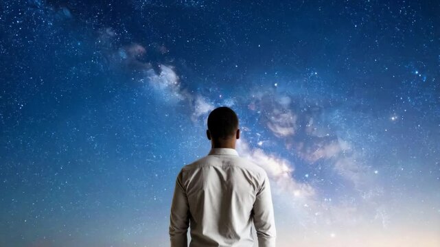 Young adult observes the vastness of the universe at night. He stands, looking up at the expansive starry sky and milky way.