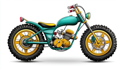Fototapeta premium Teal and Gold Custom Motorcycle with Large Tires on White Background