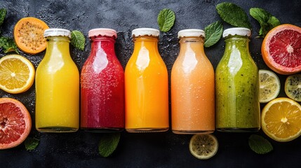 Five vibrant fruit juice bottles, surrounded by citrus, on a dark, textured surface