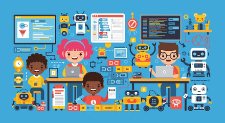 Cartoon kids at desks coding with laptops robots and screens on a light blue background