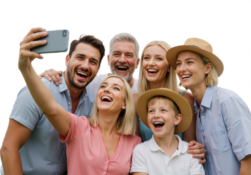 Happy family taking a group selfie on a sunny day, laughing together, transparent background, PNG.