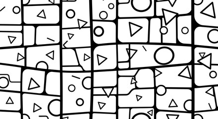 Abstract Monochrome Geometric Pattern Featuring Interconnected Shapes and Lines in Black and White