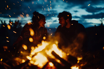 Couple friends family sitting by campfire cozy autumn winter spring camping vacation in nature, generative ai