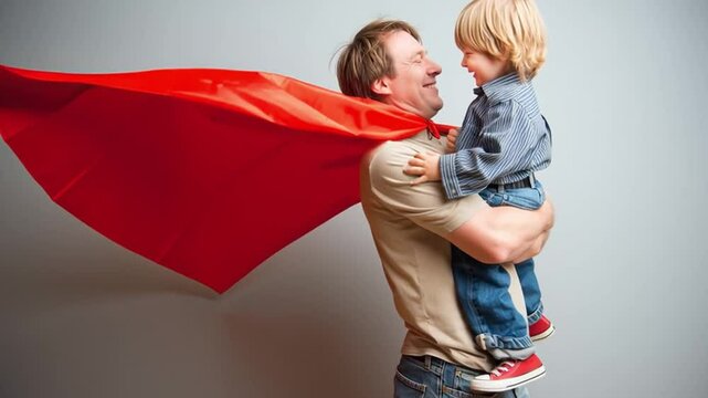 Heroic Embrace: A heartwarming image captures a father and child sharing a precious moment. The father, adorned with a vibrant red cape, cradles his smiling son.