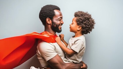 Father and Son Superhero Bonding: A heartwarming portrait of a father and son sharing a tender moment, with the father draped in a superhero cape, embodying strength and protection.