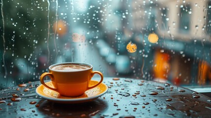 Cup of coffee on a rainy day