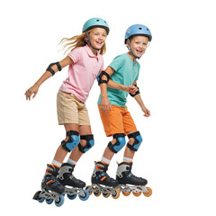 Two kids roller skating together, wearing summer clothes, energetic and happy expressions, transparent background, PNG.